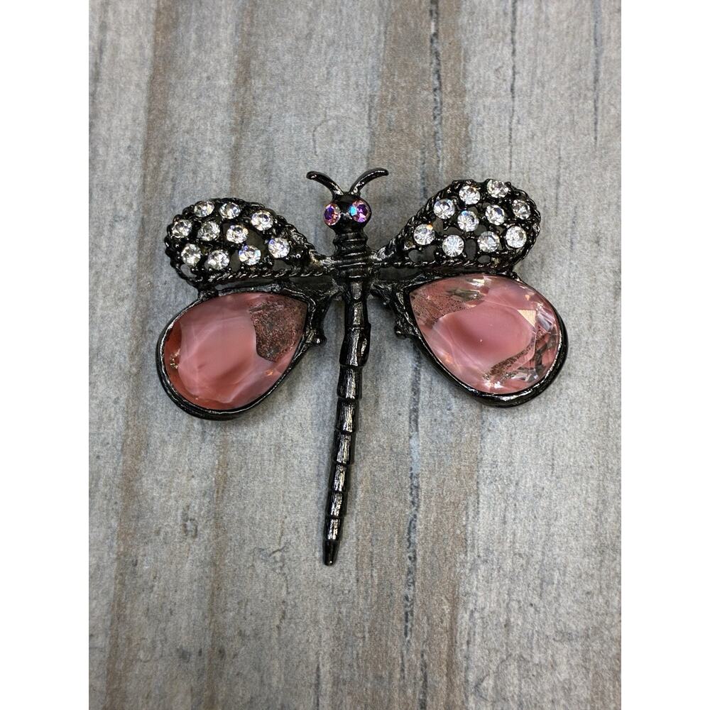 Vintage Pewter Tone Dragonfly Brooch Pin Rhinestones Pink Stone Accents